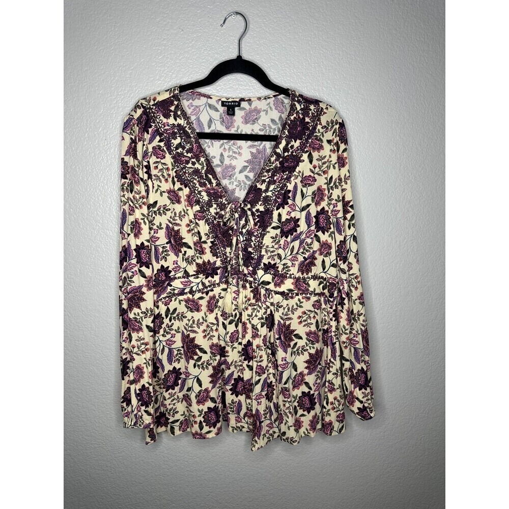 Torrid Blouse Womens 1 US 1X Boho Peasant Top Long Sleeve Floral Tassel Lace